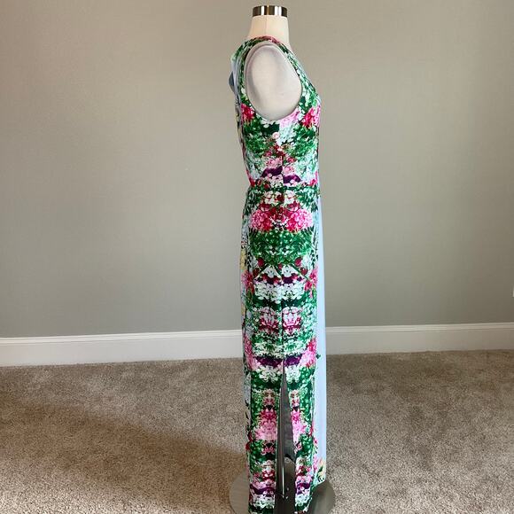 GUESS Floral Print Long Maxi Dress Size 12 Blue Sleeveless Cutout Back Sheath - Picture 4 of 10